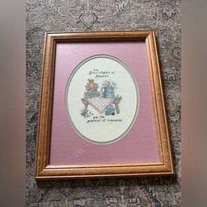 Vintage Framed Cross-Stitch Art with Brown Frame